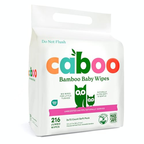 Caboo Tree-Free Bamboo Baby Wipes, Eco-Friendly Natural Baby Wipes for Sensitive Skin, 3 Resealable Peel Tab Travel Packs, 72 Wipes Per Pack, Total of 216 Wipes