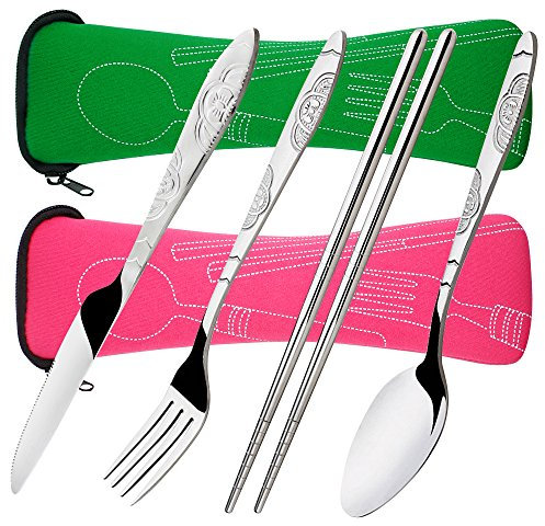 Senhai 8 Stück Besteck Messer, Gabel, Löffel, Stäbchen, 2 Pack Rostfrei Edelstahl Geschirr Geschirr mit Tragetasche für Reisen Camping Picknick Arbeiten Wandern (grün, rosa)