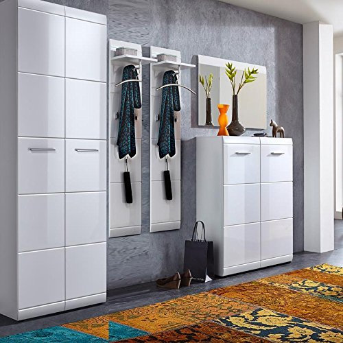 Lomadox Komplett Garderoben Set ● 5-teilige Flurgarderobe Flurmöbel in Hochglanz weiß ● Schuhschrank, Spiegel, Paneele, Kleiderschrank ● Made in Germany