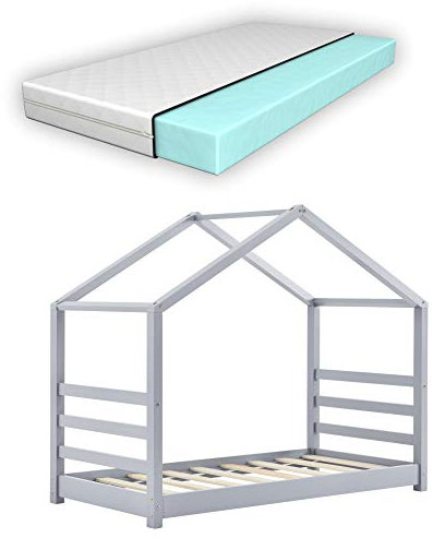 [en.casa] Kinderbett Vardø mit Matratze 80 x 160 cm Hausbett mit Kaltschaummatratze ÖKO-Tex Standard 100 Bettenhaus Jugendbett Holz Grau