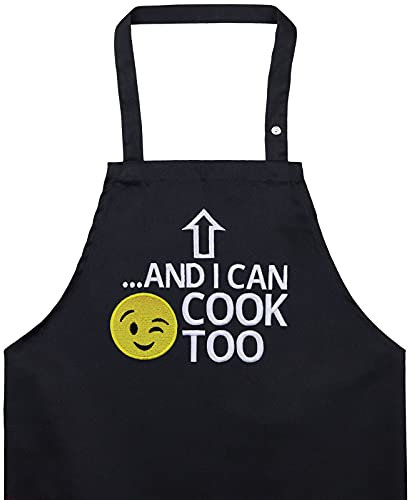 EXPRESS-STICKEREI Schürze Damen/Männer mit lustigem Spruch gestickt: ...AND I CAN COOK TO - Smiley Kochschürze verstellbar mit Tasche - bestickte Küchenschürze Herren - Geschenk für Grillmeister