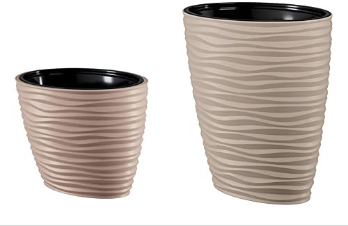 MELTOM Pflanzkübel Slim Oval 3D Effekt Wellen Farbe: Taupe Blumekübel mit Herausnehmbaren Einsatz Hoch Set 2: XL+XXL