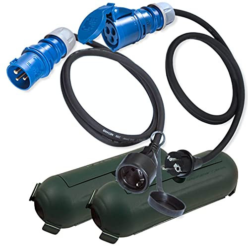 IntuiFlex CEE Adapter Schuko Kabel Stecker Kupplung Schutzbox Set 1,5m - Camping Zubehör Boot Wohnmobil Wohnwagen Garten - Gummikabel H07RN-F 3x2,5mm² 230V 16A Stromadapter/Camping Adapter Strom Set