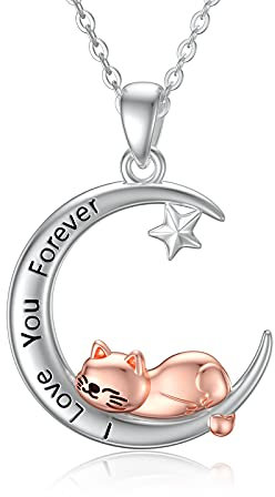 VENACOLY Cat Necklace Sterling Silver Cat on Moon Pendant Necklace Cat Mother's Day Jewellery for Cat Lovers Women