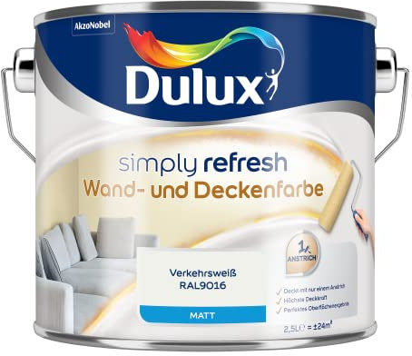 Dulux Simply Refresh Wand- und Deckenfarbe – Verkehrsweiß RAL9016-2,5 Liter - Erfrischende, langlebige Innenfarbe für ein schönes Zuhause