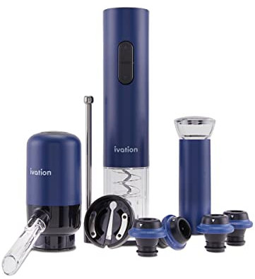 Ivation All-in-One Wine Gift Set | Wine Accessory Kit with Automatic Electric Bottle Opener, Battery-Powered Aerator Dispenser, Wine Preserver Pump, 2 Reusable Cork Stoppers, Foil Cutter & Gift Box