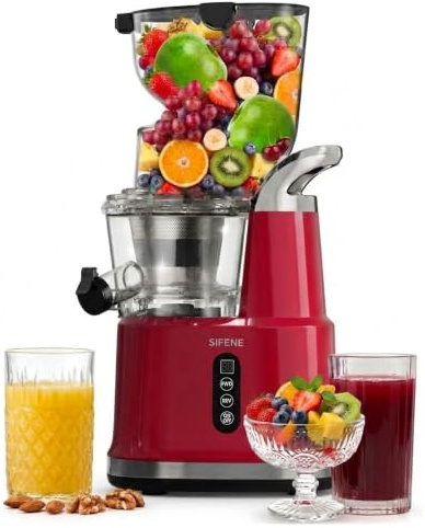 SIFENE AMR8824 Cold Press Machines, Big Mouth 83mm Opening Whole Slow Masticating Juicer, Easy-Clean Extractor Maker for Full-Bodied Fruit & Veg Juice, Plastic Stainless Steel, Pure Red
