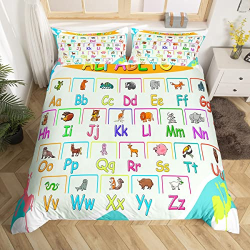 Cartoon Animal Comforter Cover Set Alphabet Printed Bedding Set for Boys Girls Children Teching Tools Colorful Bedding Duvet Cover Set Room Decor Single Size With 1 Pillow Case