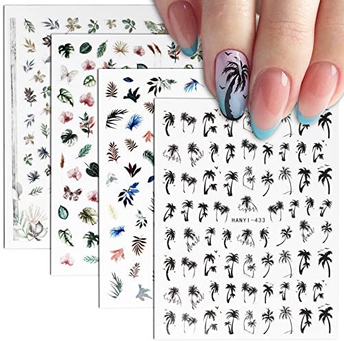 4Fogli Adesivi Unghie Fiori Decalcomanie Unghie Foglie Tropicali Adesivi Autoadesivi Accessori Nail Art Decorazioni per Unghie Donna Ragazze Nail Stickers Manicure Fai da Te