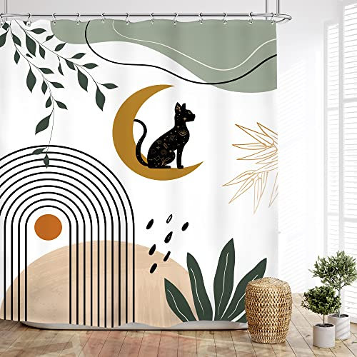 Glawry Lot de 12 crochets de rideau de douche bohème motif chat noir, 152,4 x 182,9 cm (l x L), abstrait, moderne, minimaliste, lune, feuille verte, esthétique, salle de bain, accessoires de bain