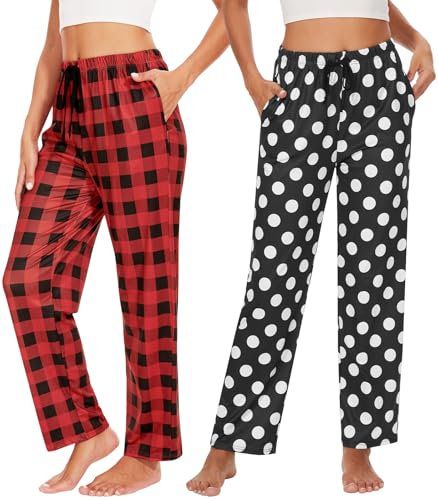 vislivin Lounge Schlafanzughose Damen Lang Karierte Pyjamahose Weich Freizeithose Yogahose mit Taschen und Kordelzug Rot Streifen/Dots M