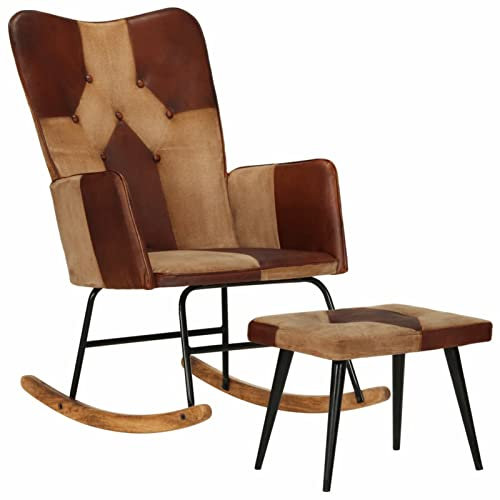 CIADAZ Schaukelstuhl mit Hocker Braun Echtleder und Canvas Schaukelsessel, Sessel Wohnzimmer, Stillsessel, Schwingsessel, Ohrensessel, Tv Sessel, Rocking Chair, Relaxsessel - 339708