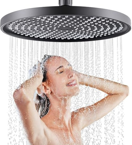 JINYOMFLY Soffione Doccia 10 Pollici Anticalcare, Grande Soffione Doccia Fisso a Pioggia, Rotondo Soffioni Docce, Soffione Doccia alta Pressione, Testa Doccia Regolabile 360°, 25cm (Nero)