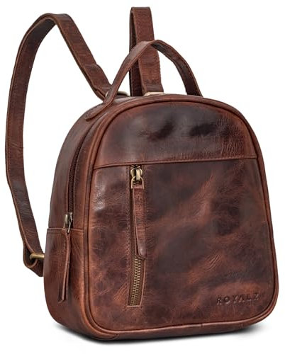 ROYALZ 'Olympia' Lässiger Kleiner Lederrucksack Damen Echtleder im Vintage Look - Eleganter Mini Rucksack perfekt als Tagesrucksack Cityrucksack Rucksackhandtasche, Farbe:Roma Cognac Braun