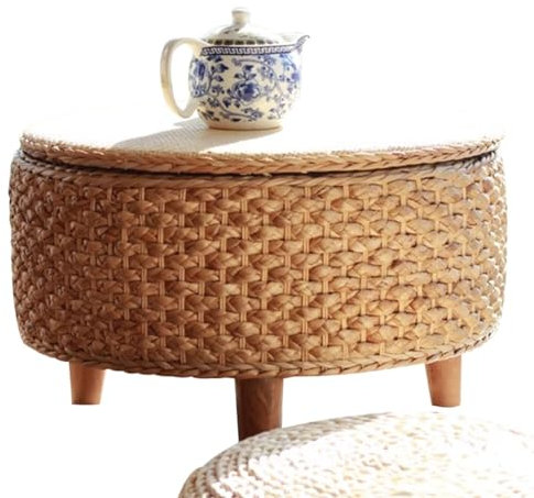 Table Basse Ronde Petit Tissage en Rotin De Style Japonais Table À Café avec Espace De Rangement, Accueil De Bureau Fait À La Main Table D'appoint, Cadeau d'anniversaire (Color : Primary Color, S :