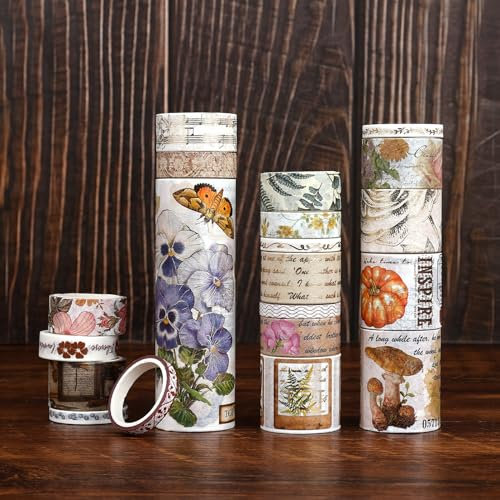 NOGAMOGA Washi Tape Set, Botanische Blume Washi Tape, Vintage-Klebeband, Breit Bastelband mit goldenen Akzenten, 20 Rollen Washi Tapes für Bullet Journal Scrapbooking Basteln Geschenkverpackungen