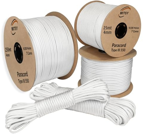 MITSY Paracord 550 Typ III Nylon Schnur 4 mm 25 Meter Weiß | Fallschirmschnur, 7 Kern Seil, Reißfest & Wetterfest, Allzweckseil für Camping, Outdoor & Survival, 10m, 25m, 50m, 100m, 250m