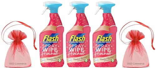 Flash Sparkling Home, Spray&Wipe&Done Antibacterial Multi-Surface Cleaner Spray, 800ml, Frosted Berries Scent, Pack of 3 + for You: Organza Small Bag