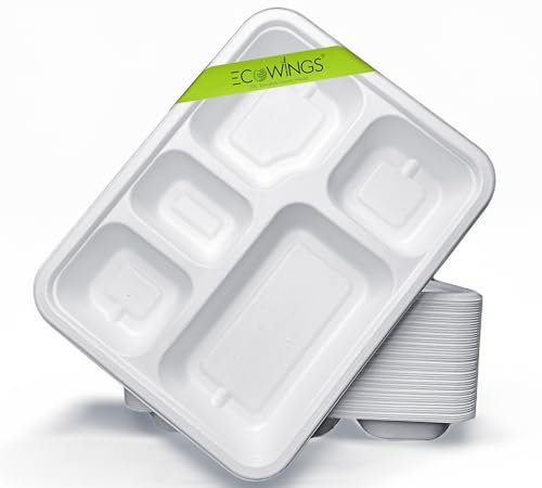 ECOWINGS 5-Compartment Disposable Plates with Deep Pockets - Biodegradable Bagasse Food Trays, (25-Pack) for Versatile and Flavorful Meals | Portion Control Made Easy for Lunches, Picnics & Parties