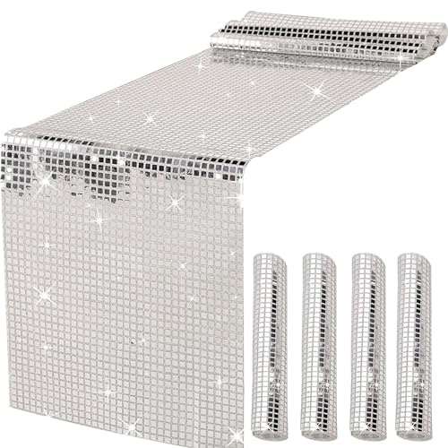 TOOSOAR 4pièces Chemin de Table Disco,Chemin de Table Argenté Paillettes,pour Années 70 80 Disco Party Deco,Anniversaire,Mariage,30x180 cm