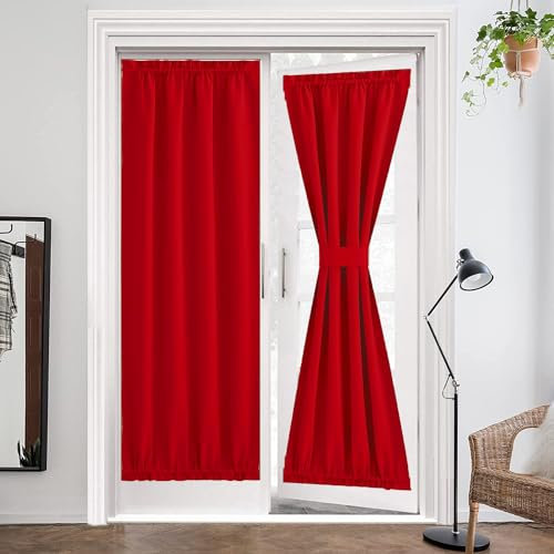 ZHhan French Door Curtains Privacy Blackout French Door Rod Pocket Drapes for Glass Door Home Office,Sidelight Curtain Tie up Shade,Easy Installed 66x173cm,Red,1 Panel