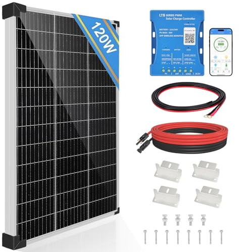 DERUXI Kit de panneau solaire 120 W 12 V : panneau solaire monocristallin 120 W avec contrôleur de charge solaire PWM Bluetooth 20 A 12 V/24 V + câbles solaires + supports en Z pour camping-car