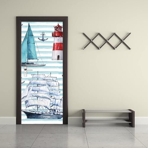 3D Verschönern Türaufkleber Tür Tapete - Roter Leuchtturm-Bootshaken 90 X 200 Cm Türtapete Selbstklebend Türposter - Fototapete Türfolie Poster Tapete Meer Aufkleber Diy Selbstklebende Wand -0A4K-X8N1
