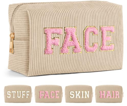 MAGEFY Chenille Letter Kleine Make up Tasche Cord Kosmetiktasche mit Innentasche Reise Schminktasche Kosmetiktasche Klein für Handtasche Damen, Beige-FACE
