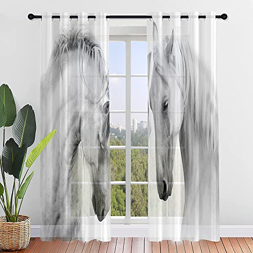 Surwin Gardinen mit Ösen, 2er Set Vorhänge, Fantasievolles Weißes Pferd Modern Transparent Vorhänge Wohnzimmer Polyester Gardinen Küche Fenster Wohnzimmer Schlafzimmer (132x244cm,D)