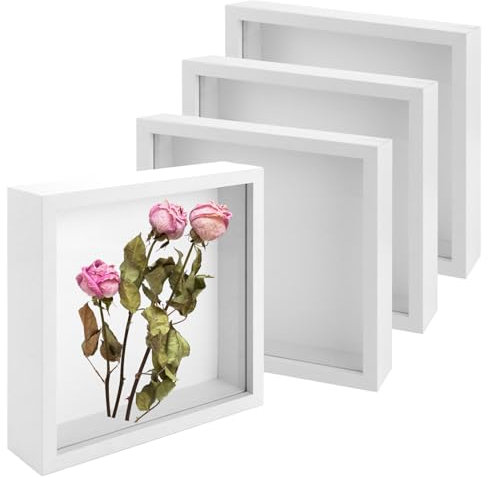 APACALI 4 Stück 3D Bilderrahmen zum Befüllen, 20x20CM Bilderrahmen Tiefer Objektrahmen, Tiefer Rahmen für Objekte, 3D Rahmenmit Glas Rahmen Transparente, Weiß Objektrahmen zum Befüllen für Deko Wand