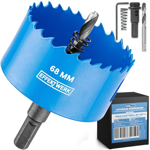 EffektWerk - Foret pour scie cloche - 68 mm - Comprend 3 forets centraux, une clé hexagonale et un adaptateur de foret - Parfait pour le bois tendre et le PVC