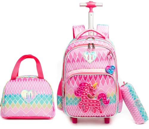Egchescebo Zaino con Rotelle per Ragazze Carrello Porta Trolley Scuola Primaria Astuccio Bambina Giocattolo di Unicorno Ragazza Ruote Lunch Box 17” Borsa da Scuola a Rullo Ragazze Bambini Rosa Rossa