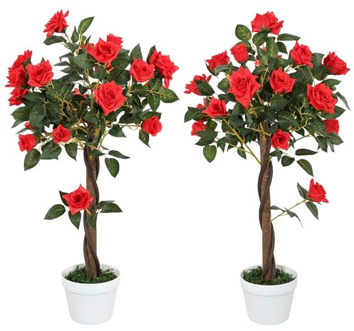 Outsunny Set de 2 Rosales Artificiales 90cm/3FT, Planta decorativa falsa con maceta, Decoración de interior falsa, Decoración de oficina en casa, Rojo