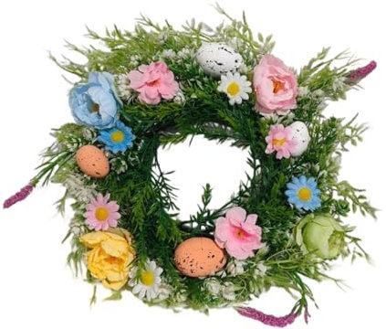 lopituwe Holzmaterialien Frühling Veranda Blumenkranz Dekoration Graue Kaninchentüren ABS Osterkranz mit Blumen Osterferien, 35cm