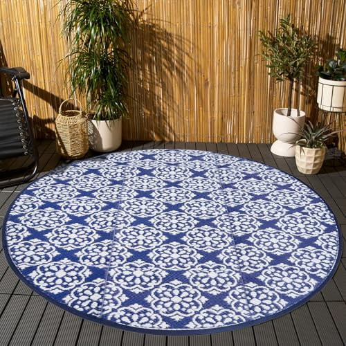 OHS Outdoor Round Rug Tile Print, Waterproof & Foldable Large Circle Rug Reversible Decking Outdoor Carpet Round Garden Mat For Patio Balcony Poolside, Blue-170cm