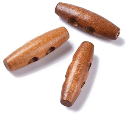 12 edle Holzknöpfe - Knebelknöpfe oval 40mm x 11mm (4,0cm x 1,1cm) orange-braun Peru braun Knebel 2 Löcher a 6,0mm je Loch - längliche Knöpfe zum annähen nähen und basteln - Jackenknöpfe Mantelknöpfe