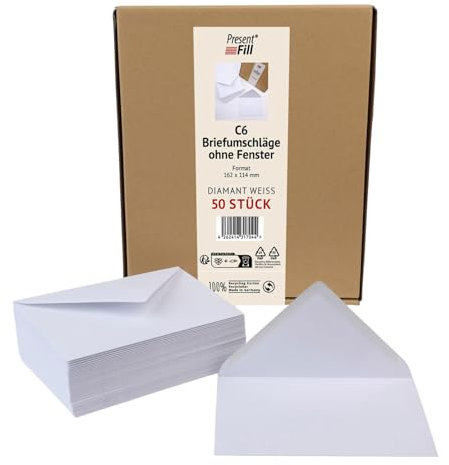 PresentFill® 50 x Briefumschläge Diamant Weiß C6-162 x 114 mm ohne Fenster I 100% Recycling Kraftpapier I 120 g/m² stark I Blauer Engel zertifiziert I Made in Germany