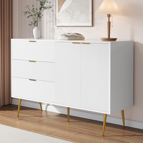 YGHQAP Byrå vit med 3 lådor och skåpdörr skänk, vardagsrumsskåp, modernt hörnbyrå för sovrum, vardagsrum, arbetsrum, hall