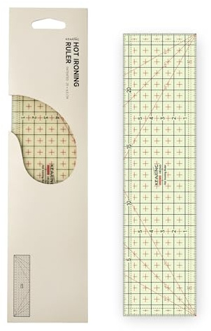 KEARING 25x6.5cm Metric Hot Hem Ruler - Heat Resistant Angle Seam Tool | Heat-resistant 25x6.5cm metric ironing ruler with 30/45/60° angles and seam allowance lines. Non-slip translucent resin.