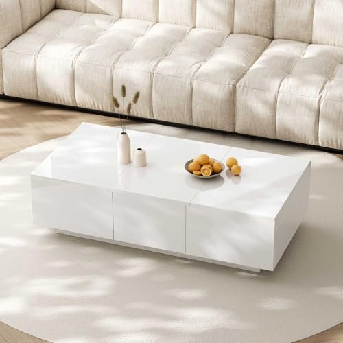 LULUWA Table Basse avec Structure de Rangement Push-Pull, Table de Salon Brillante avec Tiroirs Double Face (Blanc)