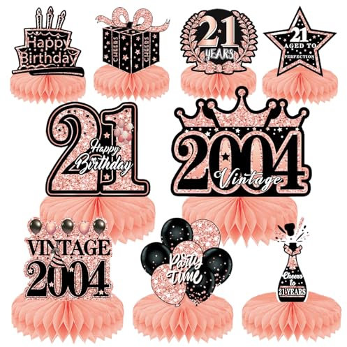21st Birthday Table Decorations 9pcs Rose Gold Birthday Honeycomb Table Centerpieces Cheers to Honeycomb Table Topper for Men Women Party Decoration Supplies (21st)
