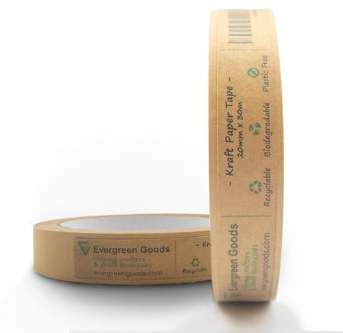 EVG Evergreen Goods Brown Kraft Paper Packing Tape | 20mm x 30m | Recyclable, Bio-Degradable, Eco-Friendly | Strong Self-Adhesive for Packaging Parcels, Boxes & Packages (2)
