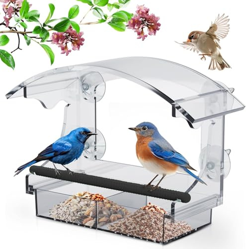 Window Bird Feeder with Strong Suction Cups 2 In 1 Drainage Holes, Removable Seed Tray for Garden Bird House for Outside Weatherproof Clear Small with Good Seed Capacity & Easy Fill (Oval House)