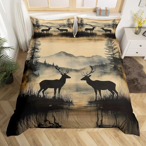 Homewish Rustikale Hirsch Bettbezug 135x200 für Kinder Teenager Erwachsene,Waldtier Jagd Motiv Bettwäsche Natur See Landschaft Landhaus Hütten Bettwäscheset Schwarz Wendbar Moderne Schlafzimmer Dekor
