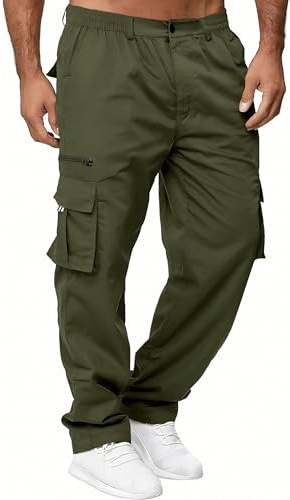 Volemo Mens Cotton Cargo Trousers Elastic Waist 6 Pockets Green M