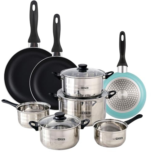 Well Home Set de Batería de cocina de 8pc en acero inoxidable + 3 Sartenes Ø16Ø20Ø24cm Azul mate en aluminio prensado