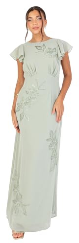 Women's Maxi Dress Ladies Round Neck Short Cap Sleeve Cowl Back Floral Embroidered Bead Embellished A-line Wedding Guest