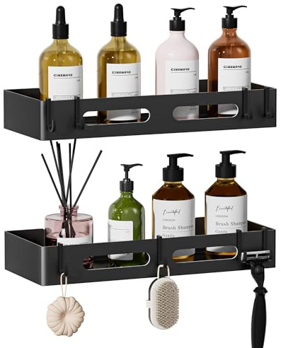 Wisfame Duschablage ohne Bohren Badregal Schwarz, Badezimmer Regal Ohne Bohren Rostfreie, Duschregal Fliesen Bad mit großer Kapazität,Shampoo Halterung für Duschel,2 Stück