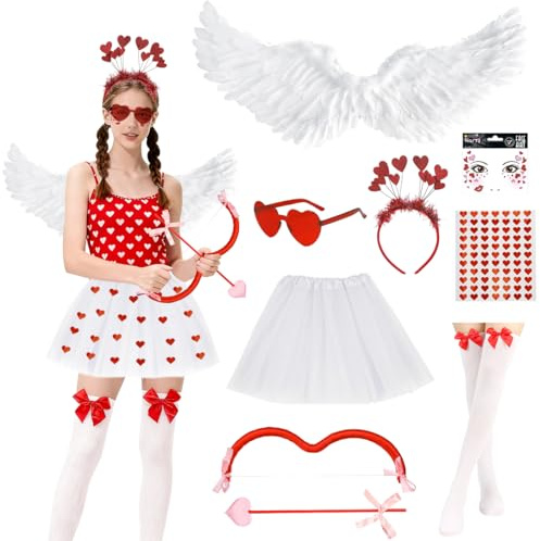 8 Stück Amor Kostüm Accessoires Set, Amor Pfeil und Bogen, Engelsflügel, Herz Brille, Gesichtstattoo, Haarreif, Sticker, Weiß Tüllrock, Weiße kniestrümpfe mit Rote Schleife für Valentinstag Karneval