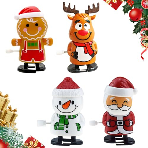 Weihnachts Aufziehspielzeug, 4 Stück Figur-Uhrwerk-Spielzeug, Weihnachtsmann-Pinguin-Schneemann-Elch Uhrwerk Lauf- und Springspielzeug, kleinigkeiten Geschenke für Baby Kinder Erwachsene (A-4Stück)
